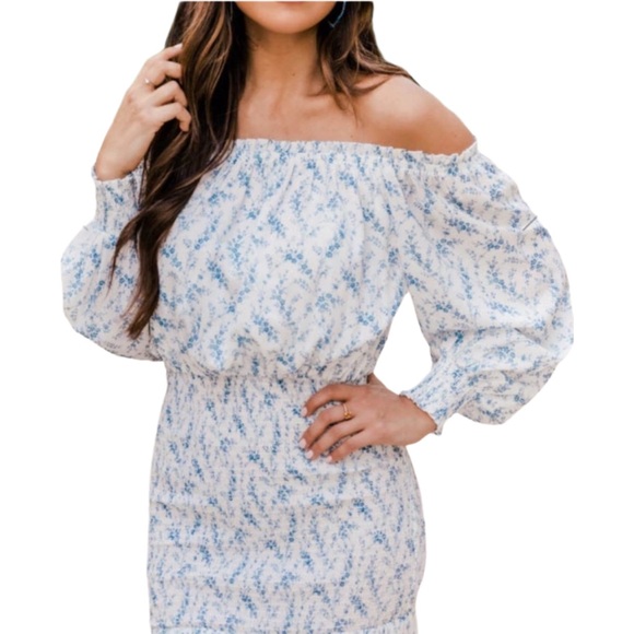 Pink Lily Romantic Blue Floral OffShoulder Ruched Maxi Dress Medium Cottagecore - Picture 3 of 14